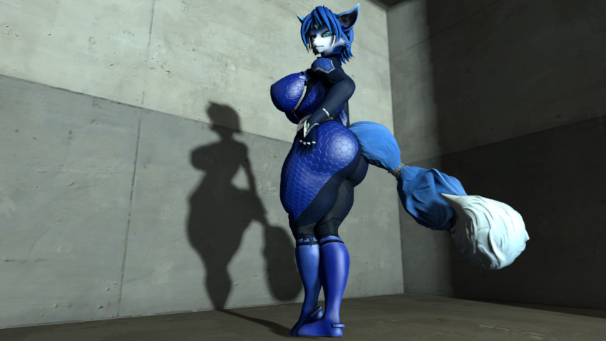 3d_(artwork) anthro big_breasts big_butt blue_body blue_boots blue_clothing blue_footwear blue_hair blue_tail boots breasts butt canid canine clothing crystal digital_media_(artwork) domizoni female footwear fox green_eyes hair hand_on_butt huge_breasts huge_butt krystal looking_at_viewer mammal nintendo rear_view solo spots star_fox thick_thighs video_games wall_(structure) white_spots