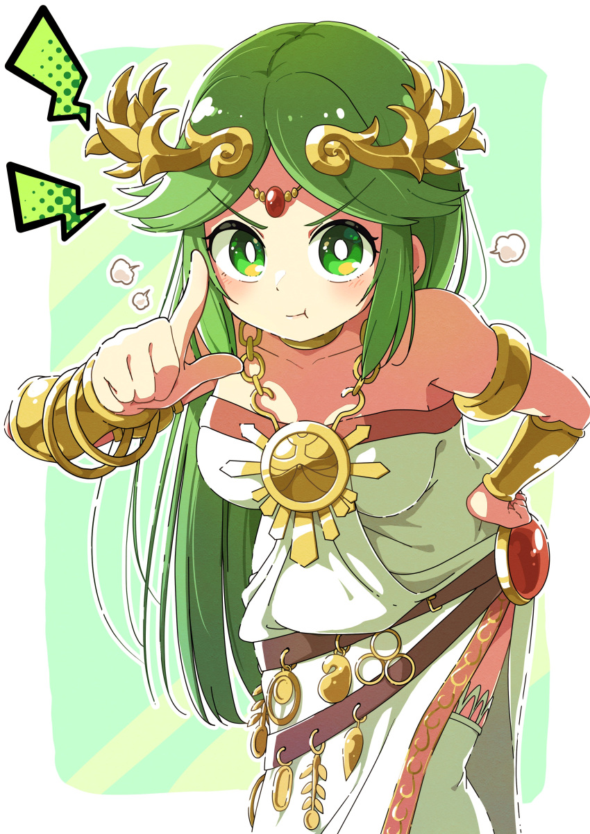 absurdres armlet bangs bare_shoulders breasts collar dress forehead_jewel goddess gold green_eyes green_hair highres jewelry kid_icarus kid_icarus_uprising laurel_crown long_hair merugamu_melgum palutena parted_bangs pendant side_slit single_thighhigh strapless strapless_dress thighhighs vambraces very_long_hair white_dress