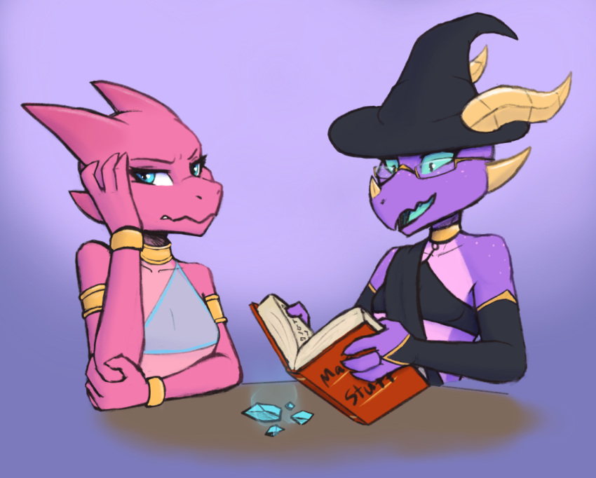 2022 anthro armlet blue_eyes book bracelet clothing duo evilymasterful eyebrows eyelashes eyewear female fingerless_gloves furniture glasses gloves handwear hat headgear headwear horn iva_(evilymasterful) jewelry kobold looking_at_viewer open_mouth table witch_hat