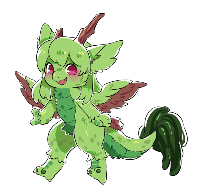 3_toes 4_fingers aishasoup ambiguous_gender anthro blush broken_horn cute_fangs feet fingers fur green_body green_fur green_hair hair horn kyisha looking_at_viewer open_mouth pink_eyes pseudo_horn simple_background solo teeth toes white_background wings