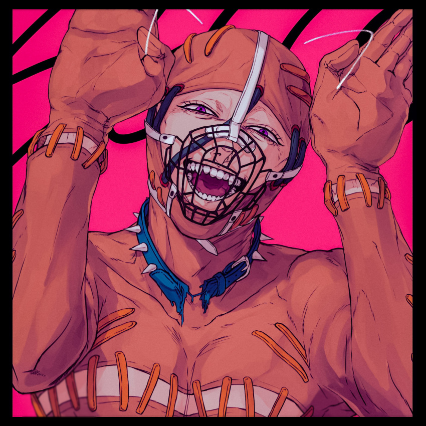 1boy bodysuit caramelldansen dancing dog_mask highres hospital_0434 jojo_no_kimyou_na_bouken laughing muzzle oasis_(stand) open_mouth paw_pose purple_eyes secco solo stand_(jojo) teeth vento_aureo