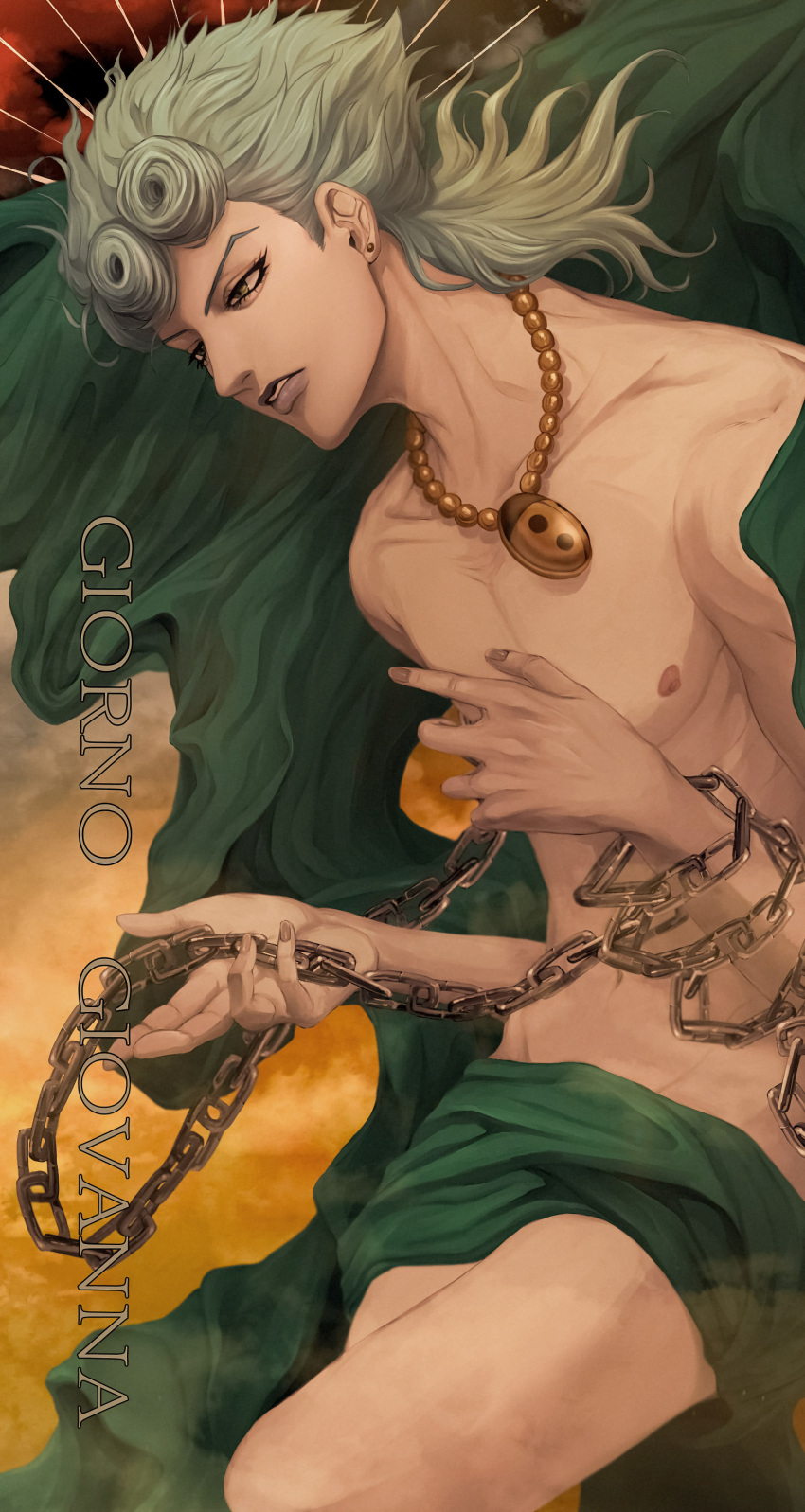 1boy absurdres blonde_hair braid bug chain cloak giorno_giovanna green_eyes green_hair highres holding holding_chain hospital_0434 jewelry jojo_no_kimyou_na_bouken ladybug male_focus mullet necklace official_alternate_costume sash solo topless_male vento_aureo