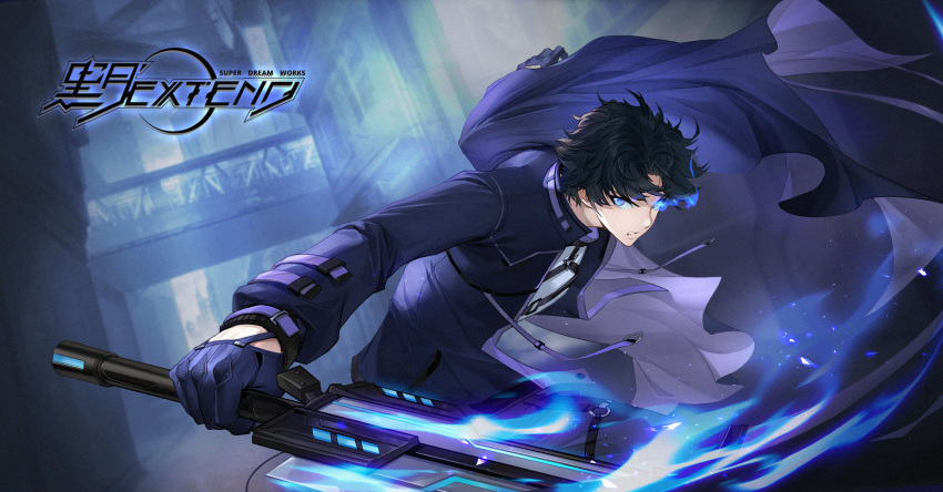1boy black_gloves black_hair black_jacket black_moon:_extend blue_eyes city flaming_eye gloves highres holding holding_sword holding_weapon jacket long_sleeves looking_at_viewer ninety-nine_god_moon open_mouth outdoors short_hair solo sword tanwq teeth weapon