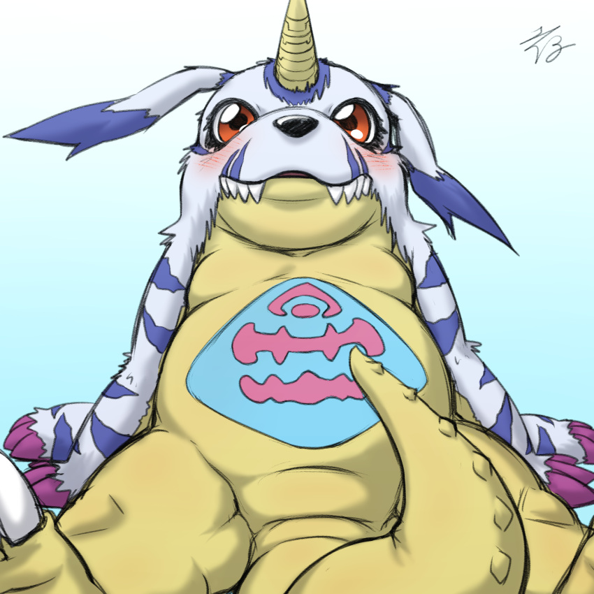 animal_skin anthro bandai_namco belly belly_markings blush digimon digimon_(species) fangs fur gabumon hi_res horn looking_at_viewer male markings red_eyes scalie slightly_chubby solo striped_body striped_fur stripes tsuchinoko_(artist) yellow_body
