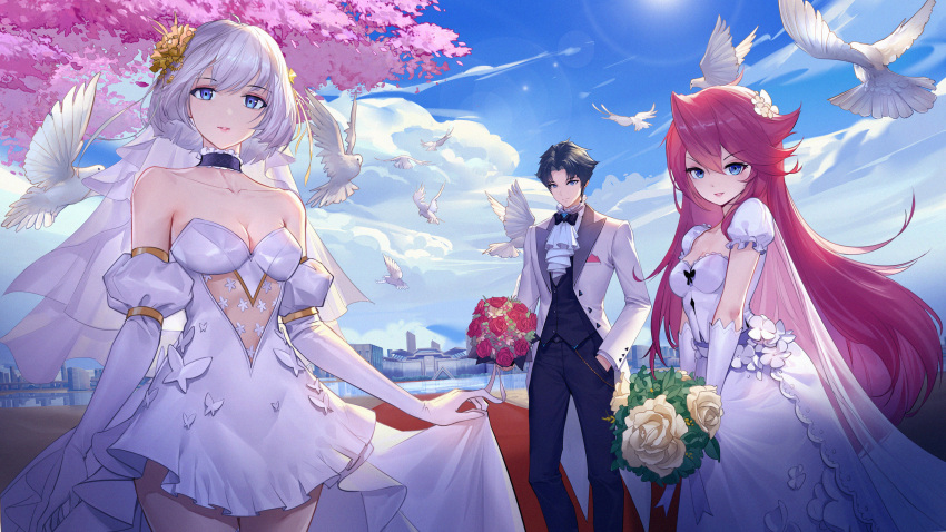 1boy 2girls bare_shoulders bird black_bow black_bowtie black_hair black_moon:_extend black_pants black_vest blue_eyes blue_sky bouquet bow bowtie breasts cherry_blossoms cleavage closed_mouth cloud cloudy_sky coat dove dress elbow_gloves flower formal gloves grin hand_in_pocket highres holding holding_bouquet lilim_(black_moon:_extend) ling_(black_moon:_extend) lips long_hair looking_at_viewer multiple_girls ninety-nine_god_moon open_mouth pants petals pink_hair red_flower red_rose rose short_sleeves sky smile tanwq teeth vest wedding_dress white_coat white_dress white_flower white_gloves white_hair white_rose