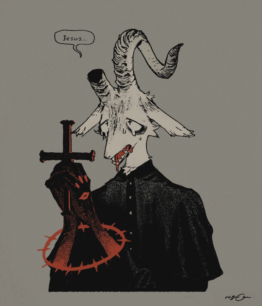 anthro blood blood_on_mouth bodily_fluids bovid broken_horn caprine caprine_demon cross demon english_text goat_demon halo hi_res horn male mammal mucknagabe priest solo tears text