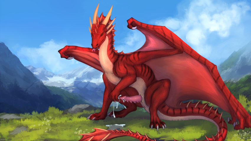 16:9 2022 4_toes cheetahs_(artist) claws day detailed_background digital_media_(artwork) dragon feet feral grass hi_res horn male membrane_(anatomy) membranous_wings orange_eyes outside paws plant red_body red_scales scales scalie sitting sky solo spines toes tongue western_dragon widescreen wings