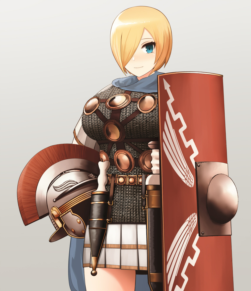 1girl armor blonde_hair blue_eyes breasts chainmail gentry_kichida gladius hair_over_one_eye headwear_removed helmet helmet_removed highres holding holding_helmet huge_breasts legionnaire original roman_clothes roman_empire scabbard sheath sheathed shield short_hair smile solo sword weapon