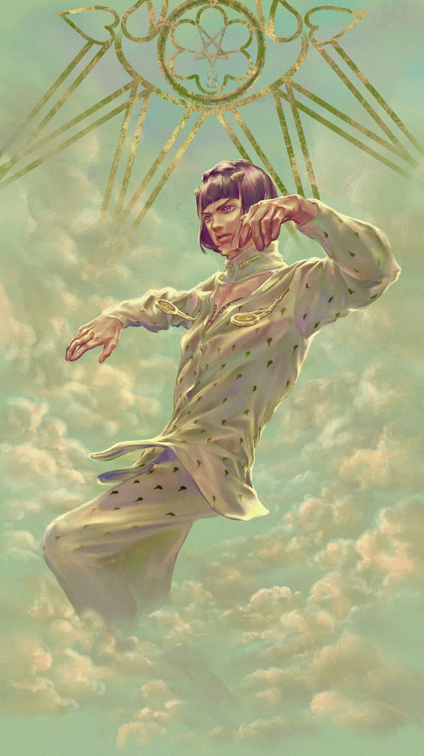 1boy absurdres black_hair bob_cut bruno_buccellati cloud floating ghost hair_ornament hairclip heaven highres jojo_no_kimyou_na_bouken male_focus purple_eyes purple_hair solo vento_aureo vesta_zc