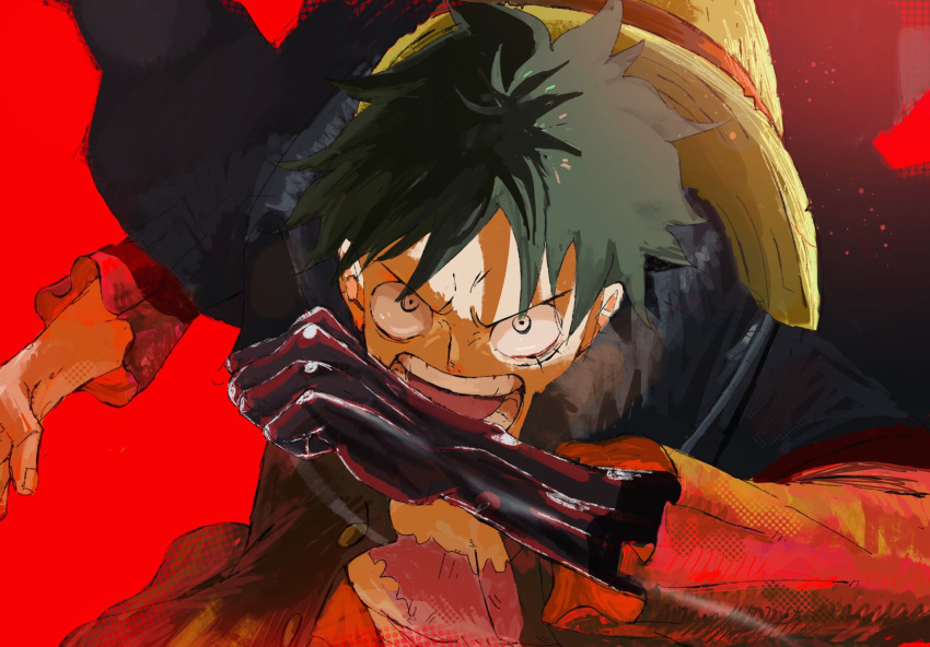 1boy angry black_hair constricted_pupils haki hat highres monkey_d._luffy one_piece open_mouth red_background scar scar_on_chest scar_on_face short_hair simple_background straw_hat teeth tongue yuki_(illust2002)