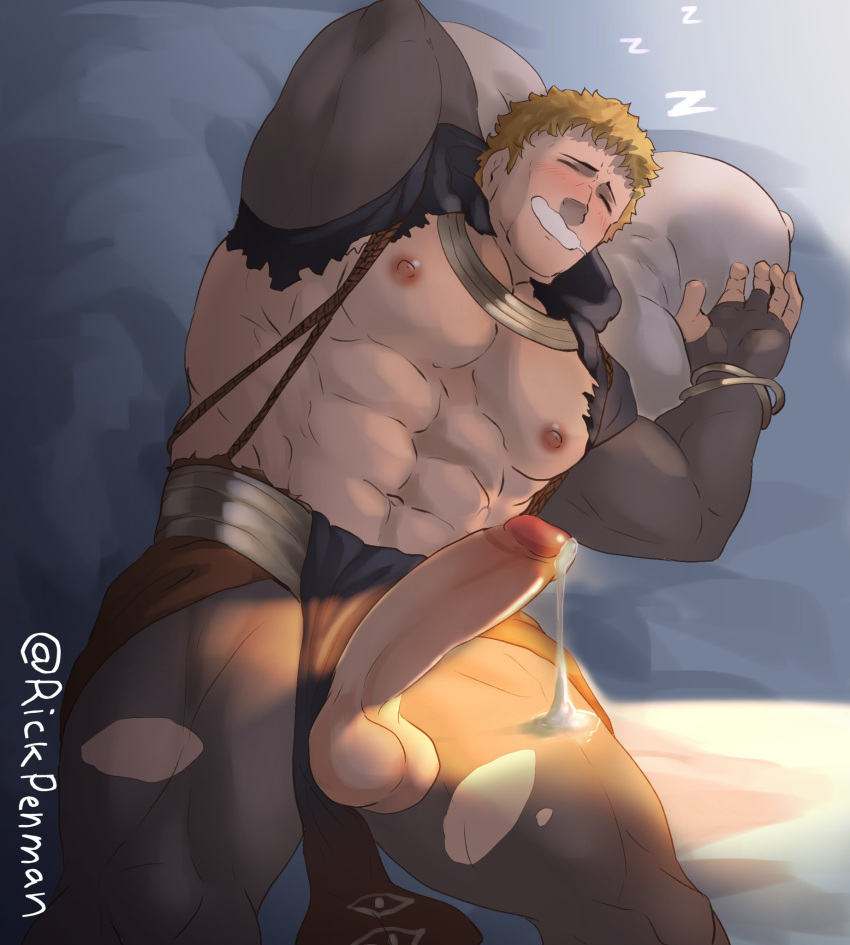 1boy abs bara bare_pectorals blonde_hair blush clothing_aside cum cumdrip drooling erection feet_out_of_frame fire_emblem fire_emblem:_three_houses from_above highres large_pectorals leggings lying male_focus mouth_drool muscular muscular_male navel nipples on_back pectorals pelvic_curtain pelvic_curtain_aside raphael_kirsten rick_penman short_hair sleeping solo stomach thick_thighs thighs torn_clothes torn_legwear uncensored wet_dream zzz