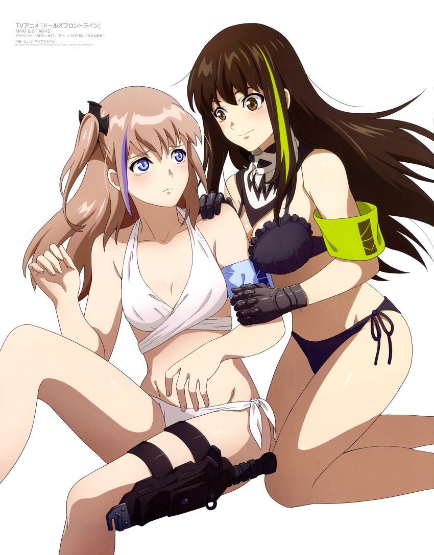 2girls absurdres armband bangs bikini black_bikini blue_eyes breasts brown_eyes character_request cleavage closed_mouth girls'_frontline green_hair hair_ornament hand_on_another's_shoulder highres long_hair looking_at_another m4a1_(girls'_frontline) mechanical_arms medium_breasts multicolored_hair multiple_girls neckerchief official_art scan side-tie_bikini simple_background small_breasts smile st_ar-15_(girls'_frontline) streaked_hair swimsuit thigh_strap white_background white_bikini wrench