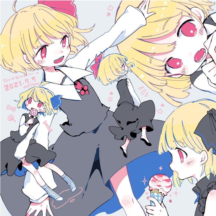 +_+ 1girl alternate_costume artist_name black_ribbon black_skirt black_vest blonde_hair blue_ribbon blush candy collared_shirt commentary_request dated eyebrows_visible_through_hair food frilled_sleeves frills grey_background hair_ribbon highres ice_cream lollipop long_sleeves m_(m073111) medium_hair multiple_views outstretched_arms red_eyes red_ribbon ribbon rumia saliva sharp_teeth shirt shoes skirt sleeveless socks sparkle spread_arms star_(symbol) striped striped_legwear teeth touhou translation_request twitter_username vest white_shirt