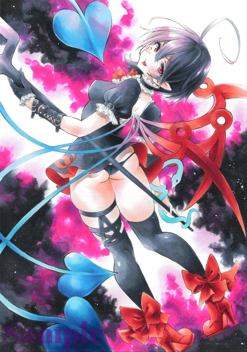 1girl ahoge arim0k0 ass asymmetrical_wings black_dress black_hair black_legwear black_panties blue_wings blush bow bowtie breasts dress heart highres holding holding_weapon houjuu_nue looking_at_viewer looking_back panties pointy_ears polearm red_bow red_eyes red_footwear red_wings short_dress short_sleeves smile snake solo thighhighs thighs tongue tongue_out touhou trident underwear weapon wings wristband