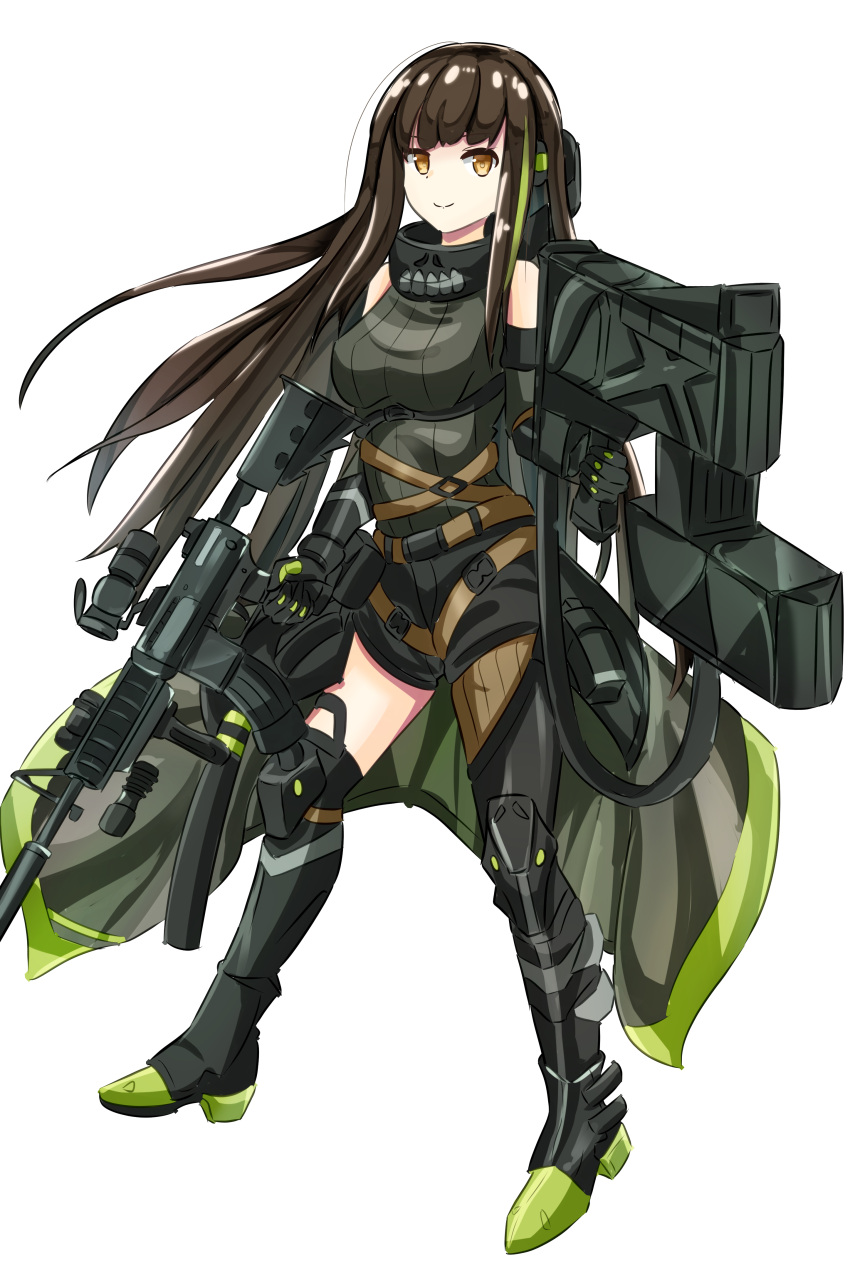 1girl absurdres assault_rifle bare_shoulders belt brown_eyes brown_hair girls'_frontline gloves gun highres holding holding_gun holding_weapon long_hair m4_carbine m4a1_(girls'_frontline) multicolored_hair mutugorou_u particle_cannon_case rifle shorts skull_print solo streaked_hair weapon