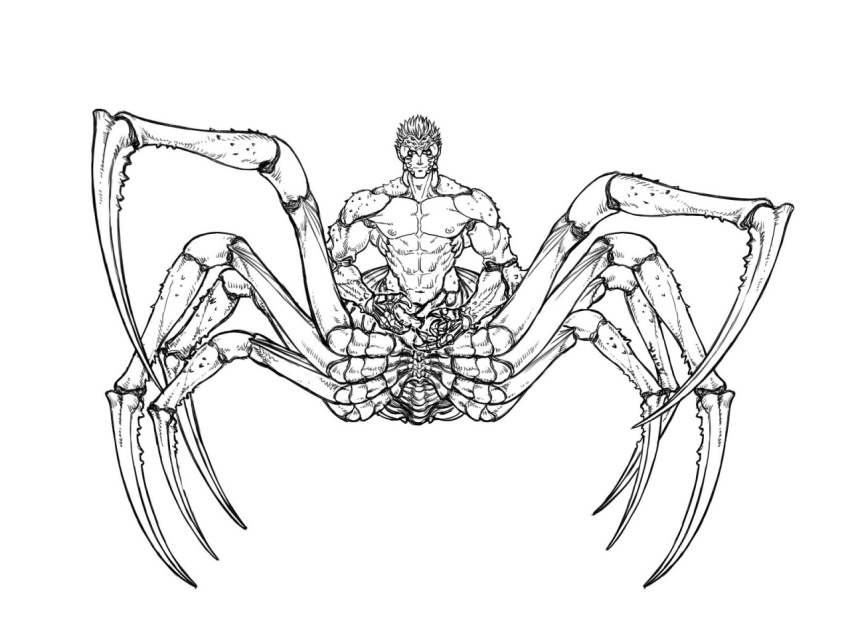 after_transformation arachnid arthropod cidius claws demon human hybrid looking_at_viewer male mammal monochrome multi_eye multi_leg multi_limb muscular muscular_male nipples smile solo spider taur