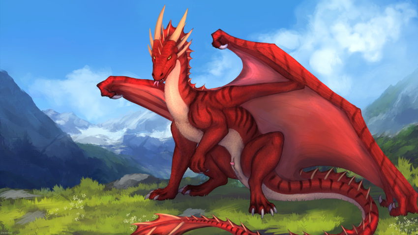 16:9 2022 4_toes cheetahs_(artist) claws day detailed_background digital_media_(artwork) dragon feet feral grass hi_res horn membrane_(anatomy) membranous_wings orange_eyes outside paws plant red_body red_scales scales scalie sitting sky solo spines toes tongue western_dragon widescreen wings