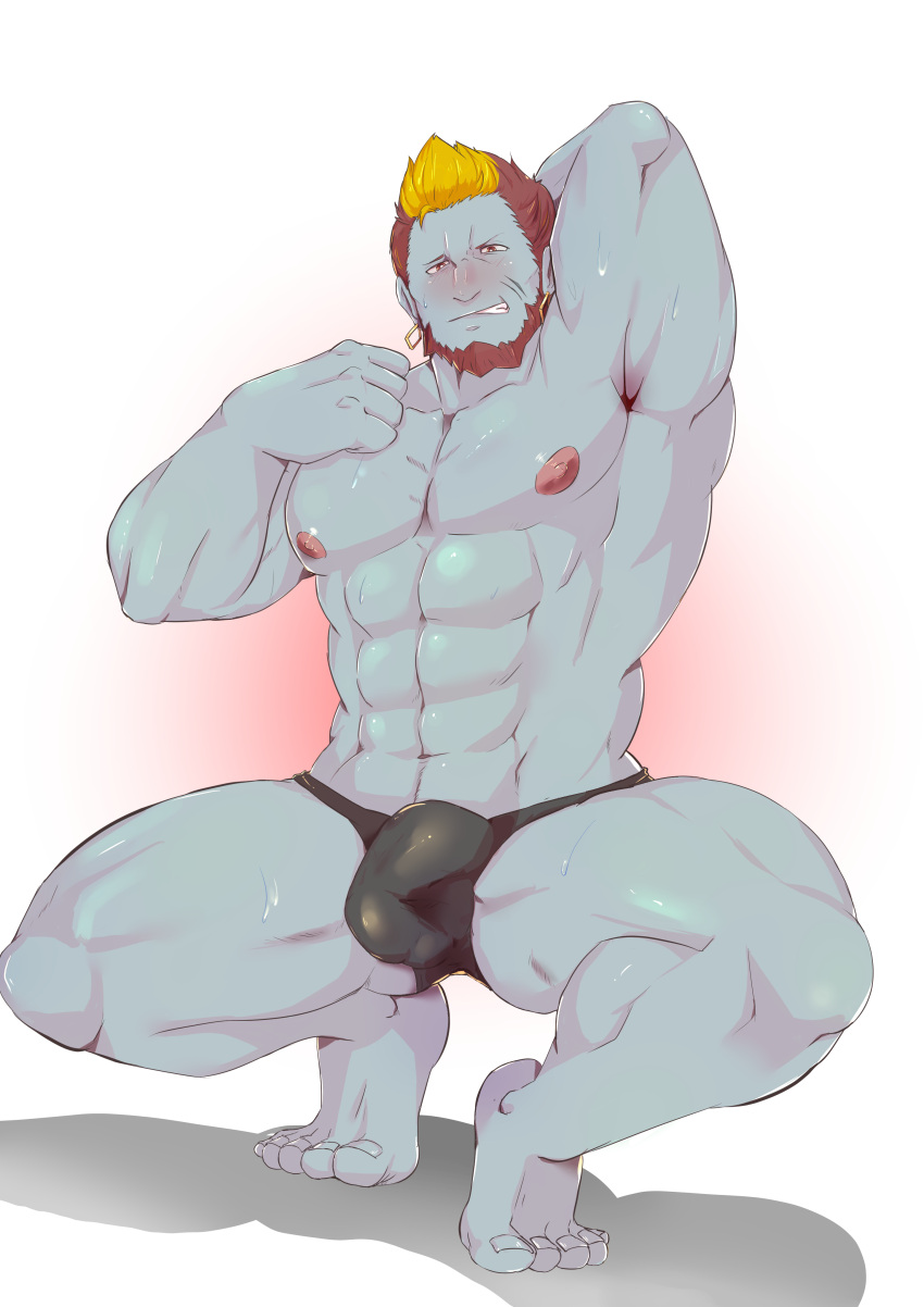 1boy abs absurdres avatar_(ff14) bara beard bikini_briefs black_male_underwear blonde_hair blush bulge earrings erection erection_under_clothes facial_hair final_fantasy final_fantasy_xiv full_body highres jewelry konoji_(ac_oekk) large_pectorals looking_at_viewer male_focus male_underwear mature_male multicolored_hair muscular muscular_male navel navel_hair nipples pectorals roegadyn short_hair solo squatting stomach thick_thighs thighs topless_male two-tone_hair underwear underwear_only