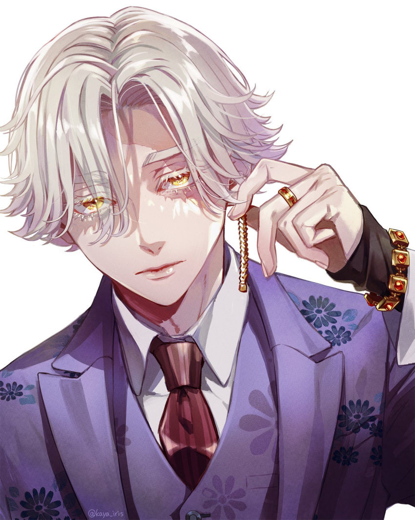 1boy bangs black_shirt blonde_hair bracelet burn_scar closed_mouth collared_shirt dress_shirt formal hand_up highres inui_seishu jacket jewelry kaya_lily looking_at_viewer male_focus necktie purple_jacket purple_vest red_neckwear ring scar scar_on_face shirt short_hair simple_background sleeves_past_wrists solo tokyo_revengers twitter_username upper_body vest white_background white_shirt yellow_eyes