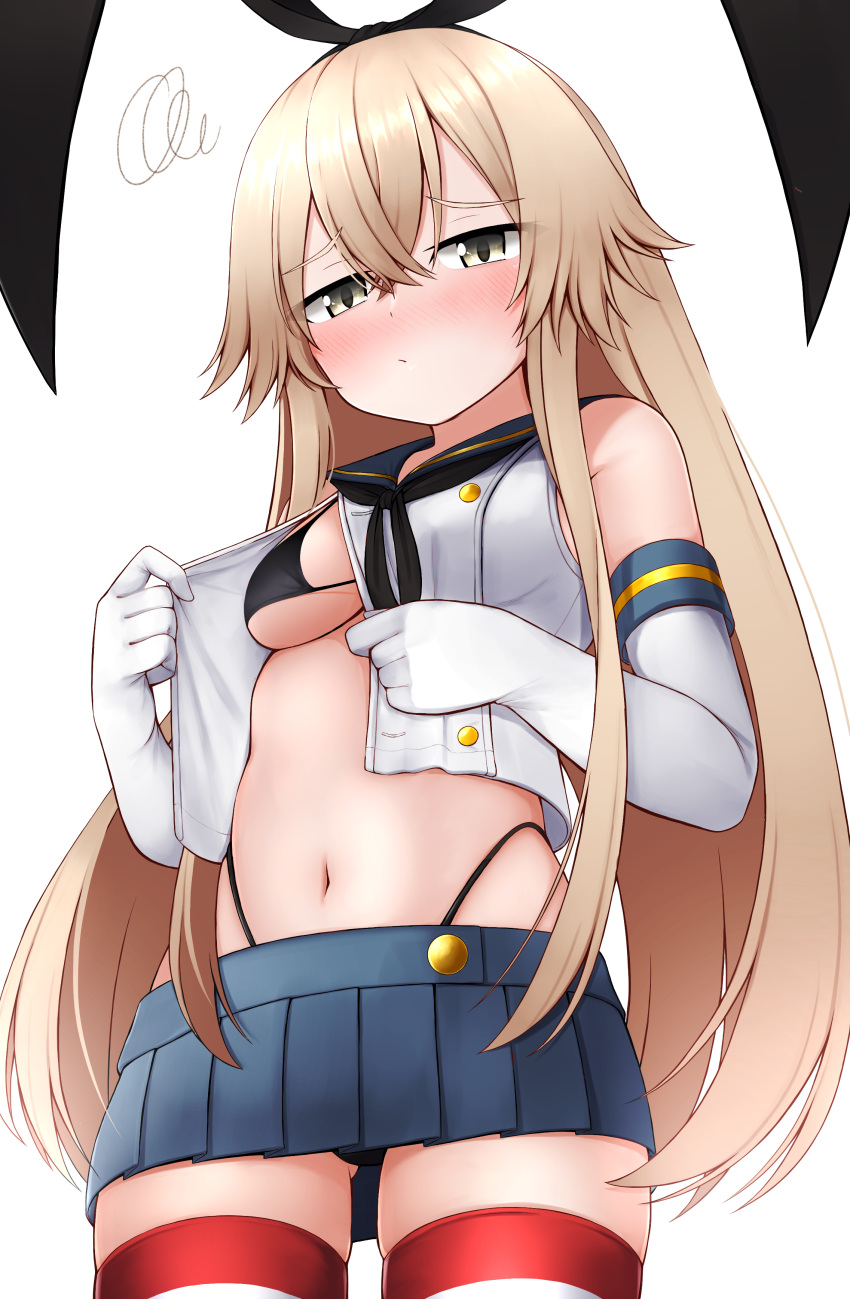 1girl :3 absurdres anchor_hair_ornament black_bra black_hairband black_neckerchief black_panties blonde_hair blue_sailor_collar blue_skirt bra cowboy_shot crop_top elbow_gloves gloves grey_eyes hair_ornament hairband highleg highleg_panties highres kantai_collection long_hair looking_at_viewer microskirt miniskirt neckerchief panties paper pleated_skirt sailor_collar shimakaze_(kancolle) simple_background skirt sleeveless smile solo striped striped_legwear thighhighs tiemu_(man190) underwear white_background white_gloves