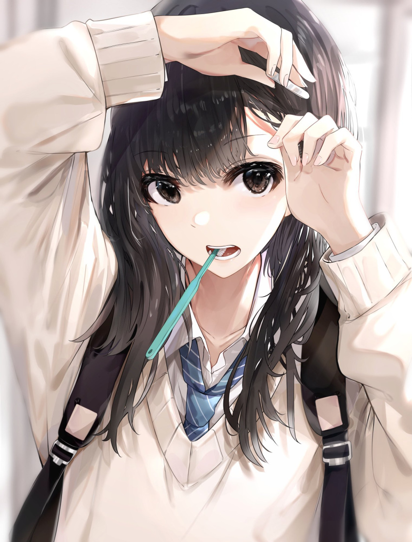 1girl arms_up backpack bag bangs black_hair blue_necktie brown_eyes eyebrows_visible_through_hair hair_ornament hairclip highres kurokuro_illust long_hair long_sleeves looking_at_viewer mouth_hold necktie open_mouth original solo sweater toothbrush upper_body white_sweater