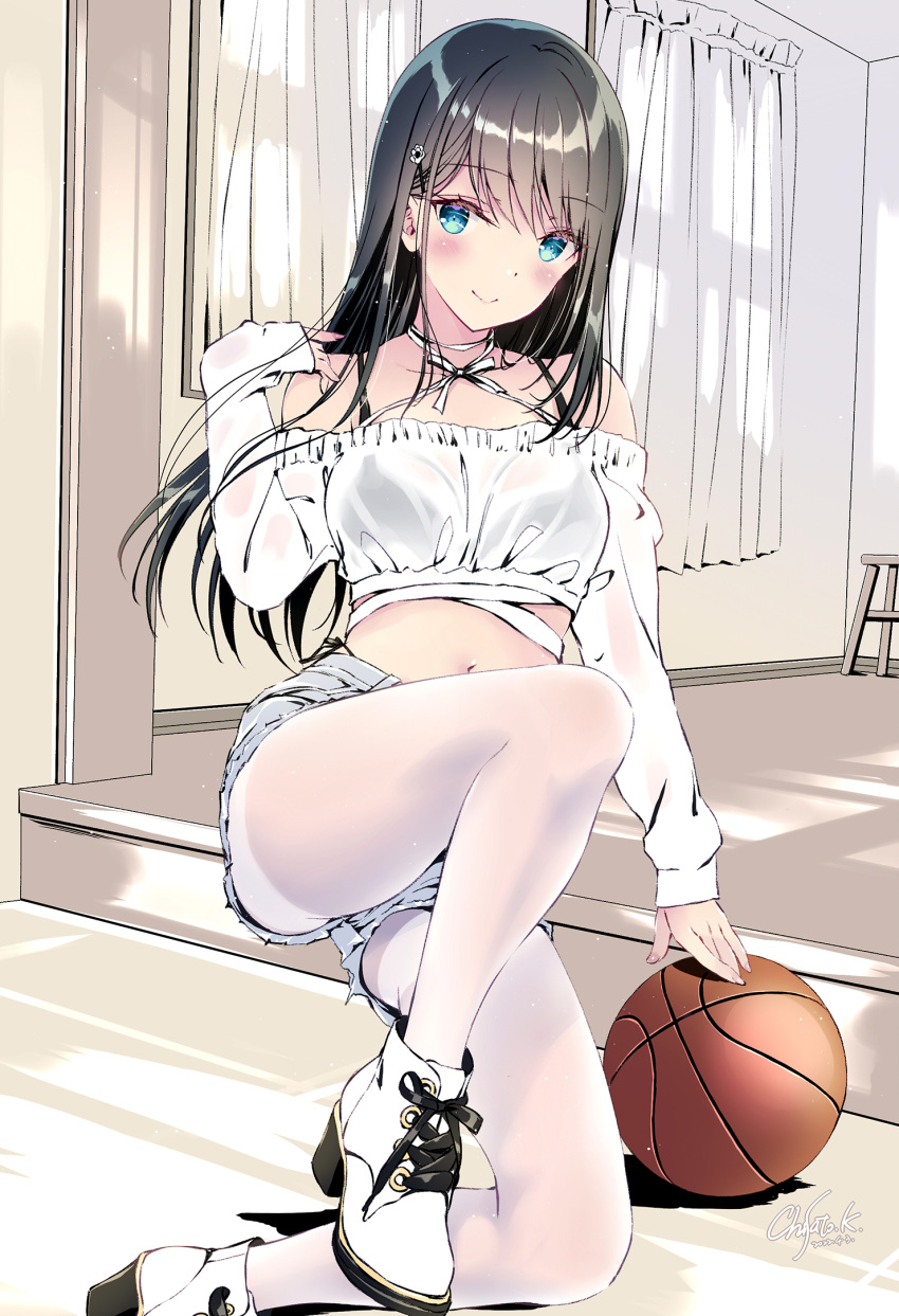 1girl bare_shoulders basketball black_bra blue_eyes bra bra_visible_through_clothes breasts brown_hair commentary_request crop_top curtains dappled_sunlight denim denim_shorts halter_top halterneck hand_in_own_hair highres kneeling kobayashi_chisato long_sleeves looking_at_viewer medium_breasts midriff navel one_knee original pantyhose shadow shoes shorts solo sunlight underwear white_footwear white_legwear window