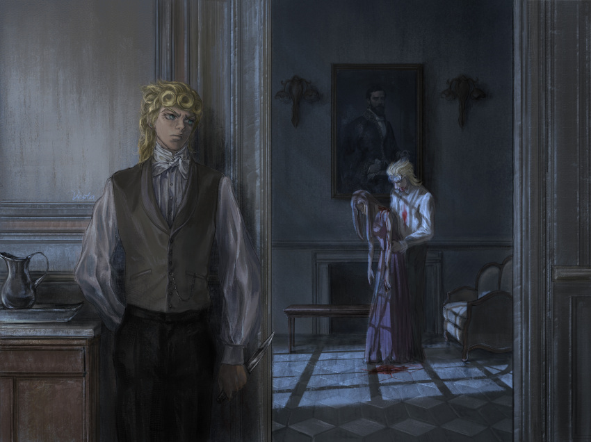 1girl 2boys absurdres alternate_universe ascot bleeding blonde_hair blood blue_eyes braid dio_brando dress father_and_son fireplace formal giorno_giovanna hiding highres jojo_no_kimyou_na_bouken male_focus multiple_boys painting_(object) time_paradox vampire vento_aureo vest vesta_zc victorian waistcoat