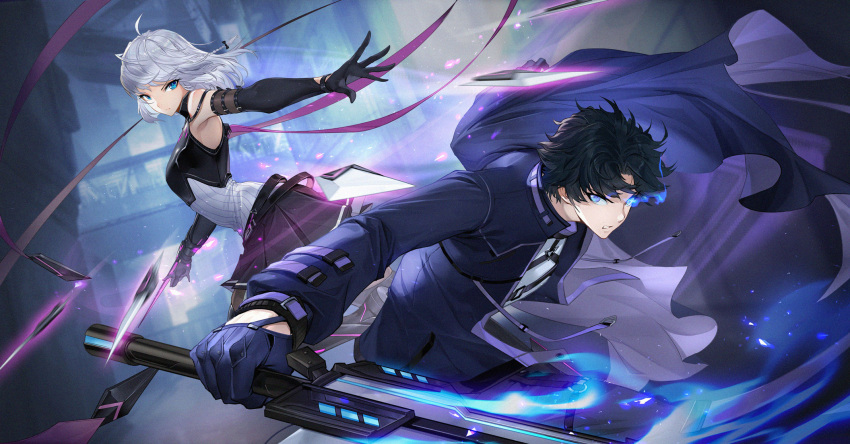 1boy 1girl armpits bangs bare_shoulders black_footwear black_gloves black_hair black_jacket black_moon:_extend black_skirt blue_eyes bob_cut boots city closed_mouth dagger elbow_gloves flaming_eye full_body gloves highres holding holding_sword holding_weapon jacket knife ling_(black_moon:_extend) long_sleeves looking_at_viewer looking_back ninety-nine_god_moon open_mouth outdoors shirt shoe_soles short_hair skirt sleeveless sleeveless_shirt sword tanwq teeth thigh_boots thighhighs throwing_knife weapon white_hair white_shirt