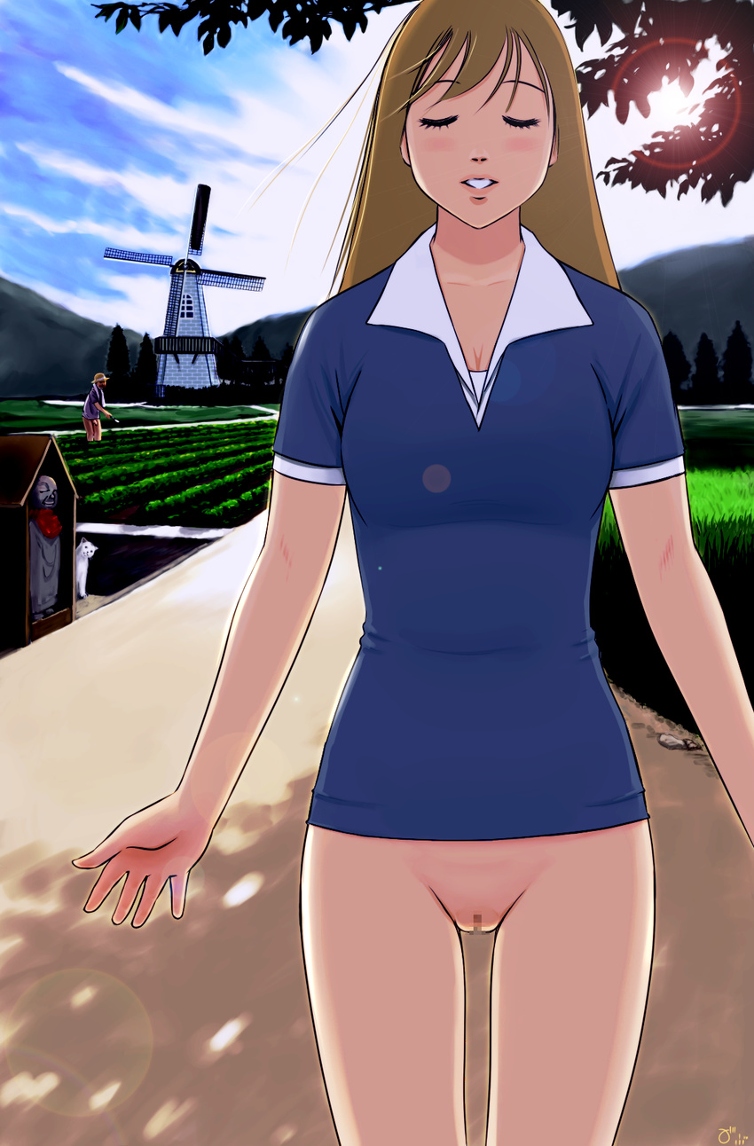 1girl blonde_hair bottomless cat censored closed_eyes commentary_request day farmer field gabu hat highres jizou lens_flare long_hair mosaic_censoring original outdoors penis pussy sky solo_focus windmill zenra