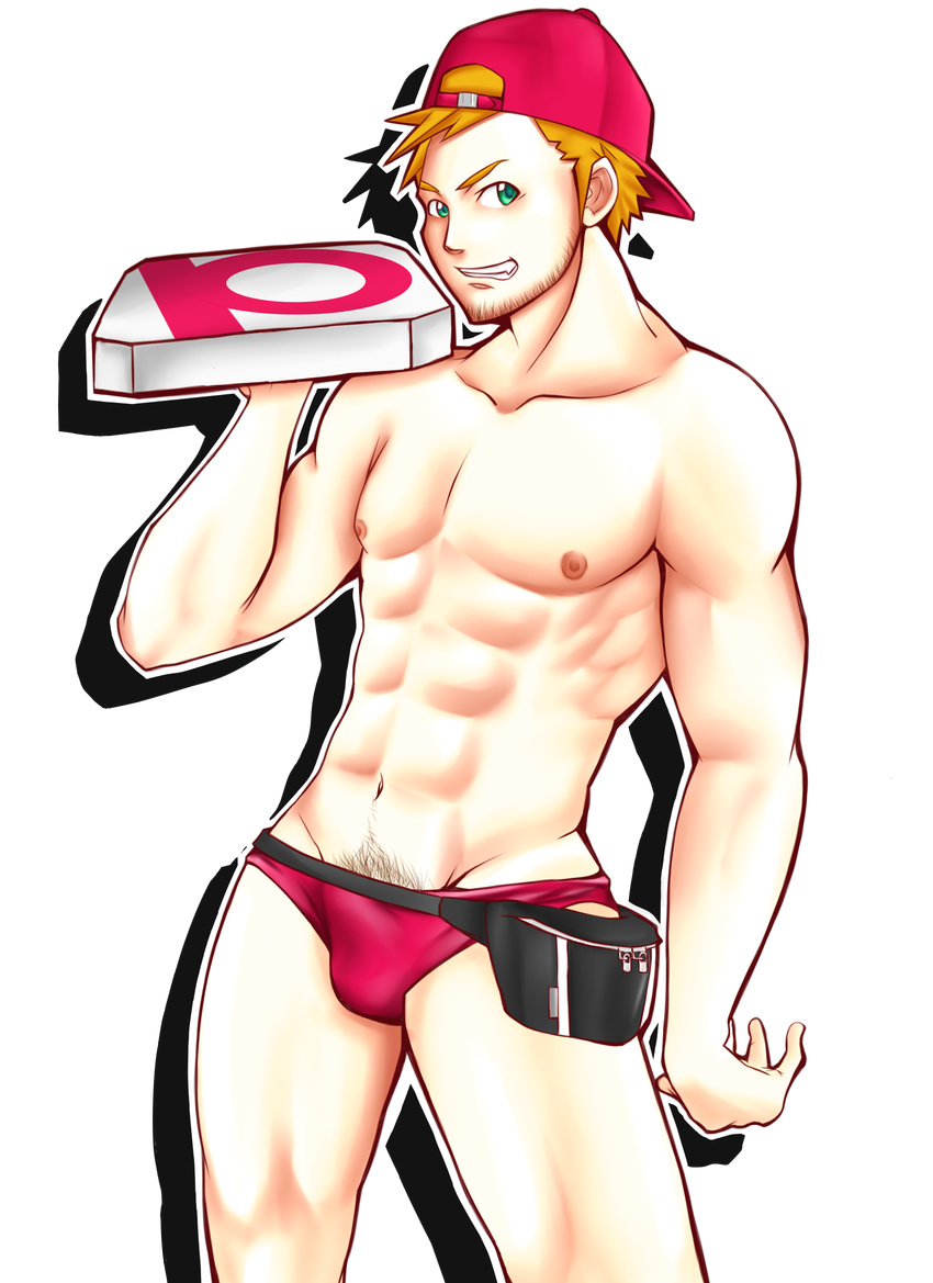 1boy abs bara baseball_cap belt belt_pouch blonde_hair bulge cap eyebrows facial_hair food green_eyes hat highres male male_focus muscle nipples pizza pizza_guy pubic_hair screencap simple_background smile solo stubble thick_eyebrows underwear white_background