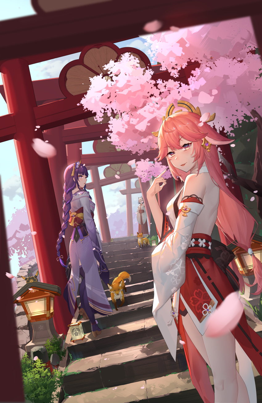 2girls absurdres animal_ears bangs black_legwear braid braided_ponytail breasts cherry_blossoms cherry_tree detached_sleeves earrings eyebrows_visible_through_hair falling_petals flower fox_ears fox_shadow_puppet genshin_impact hair_flower hair_ornament highres japanese_clothes jewelry kimono kitsune large_breasts long_hair looking_at_another looking_at_viewer low-tied_long_hair miko mouma multiple_girls off-shoulder_kimono open_mouth outdoors petals pink_hair purple_eyes purple_hair purple_kimono raiden_shogun shirt shrug_(clothing) sky sleeveless sleeveless_shirt smile stairs stone_stairs thighhighs torii vision_(genshin_impact) white_shirt wide_sleeves yae_miko