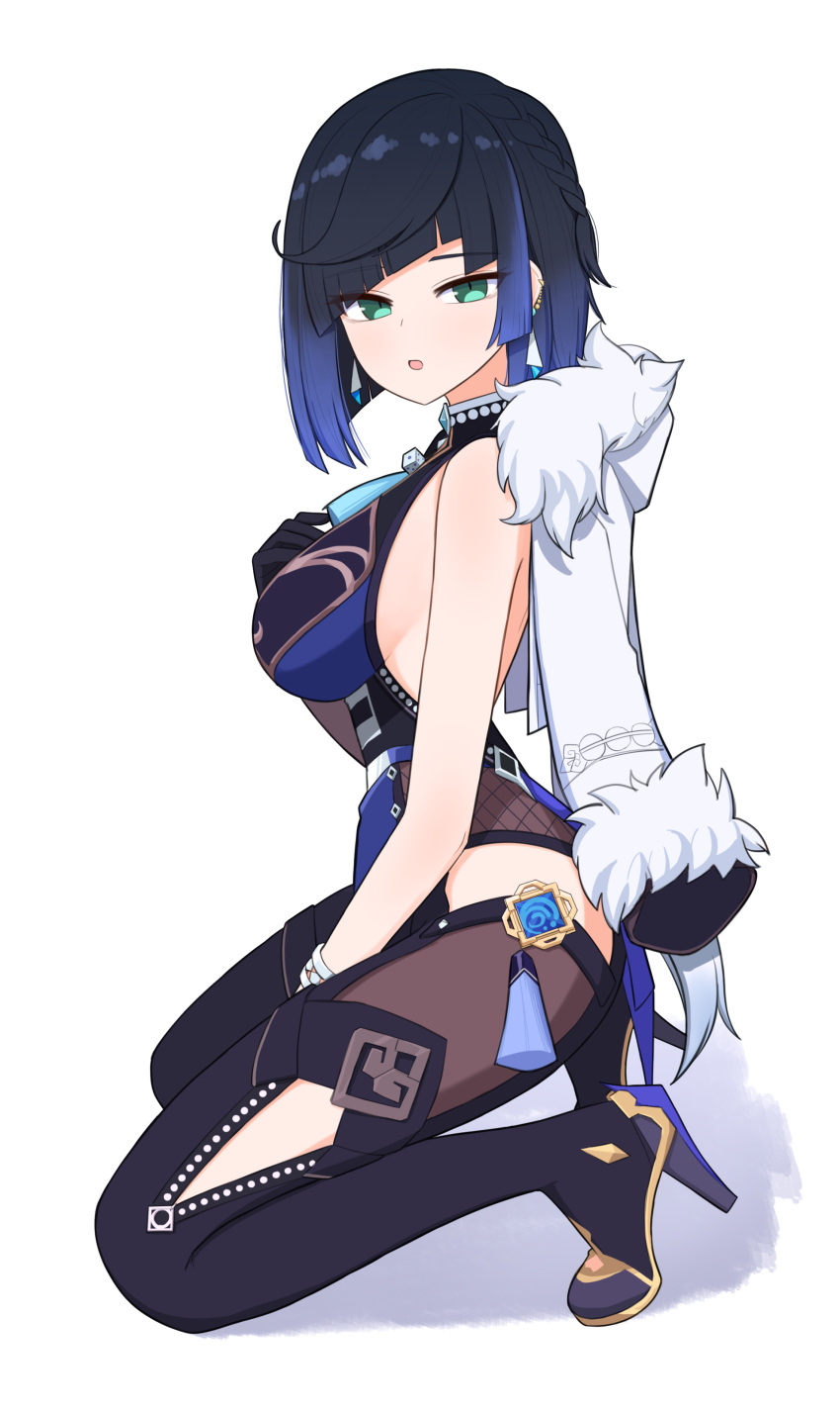 1girl absurdres backless_leotard bare_arms bare_shoulders between_legs black_gloves black_hair black_legwear blue_leotard bracelet braid breasts coat coat_on_shoulders ear_piercing earrings from_side fur_trim genshin_impact gloves green_eyes hand_on_own_chest high_heels highres hip_vent jagd jewelry kneeling leotard long_sleeves looking_at_viewer looking_to_the_side medium_breasts pantyhose parted_lips piercing short_hair solo tassel vision_(genshin_impact) white_coat yelan_(genshin_impact)