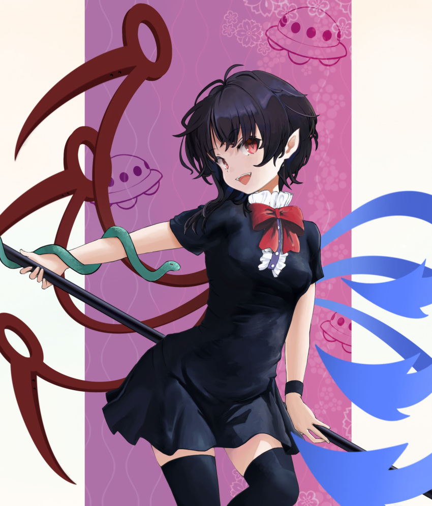 1girl asymmetrical_wings black_dress black_hair black_legwear blue_wings bow bowtie dress highres holding holding_weapon houjuu_nue looking_at_viewer open_mouth pointy_ears polearm red_bow red_eyes red_wings short_dress short_hair short_sleeves smile snake solo thighhighs touhou trident tsukechi weapon wings zettai_ryouiki