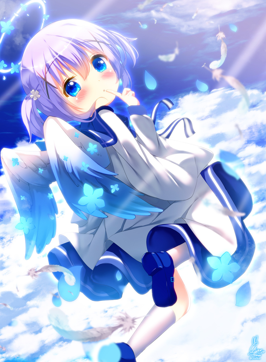1girl :o angel angel_wings bangs blue_eyes blue_flower blue_footwear blue_sailor_collar blue_sky blue_wings blush chinomaron cloud cloudy_sky commentary_request day dress eyebrows_visible_through_hair feathered_wings feathers finger_to_mouth flower from_behind gochuumon_wa_usagi_desu_ka? gradient gradient_wings hair_between_eyes hair_flower hair_ornament halo hand_up highres kafuu_chino kneehighs long_sleeves looking_at_viewer looking_back multicolored_wings outdoors parted_lips petals puffy_long_sleeves puffy_sleeves purple_hair sailor_collar sailor_dress shoe_soles shoes sky solo two_side_up white_dress white_feathers white_flower white_legwear white_wings wings x_hair_ornament