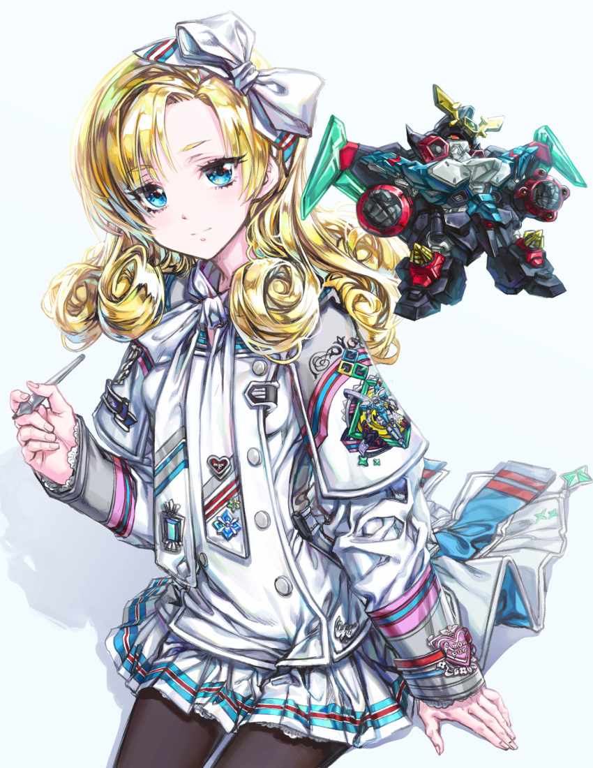 1girl alouette_pomiers bangs black_legwear blonde_hair blue_eyes breasts chibi clenched_hands eyebrows_visible_through_hair gaofighgar greatwhite1122 hair_behind_ear hakaiou:_gaogaigar_vs._betterman head_tilt highres holding holding_pen jacket long_hair mecha pantyhose pen skirt small_breasts solo super_robot v-fin white_jacket white_skirt yuusha_ou_gaogaigar yuusha_series