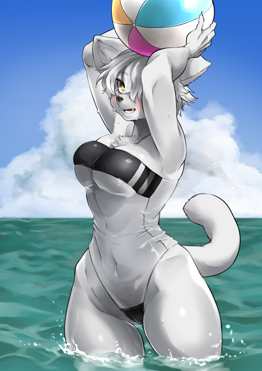 absurd_res anthro blush breasts cleavage clothed clothing felid female fur gris_swimsuit hi_res mammal meme meme_clothing one-piece_swimsuit sleepiness18 solo swimwear translucent translucent_clothing translucent_swimwear water white_body white_fur wide_hips