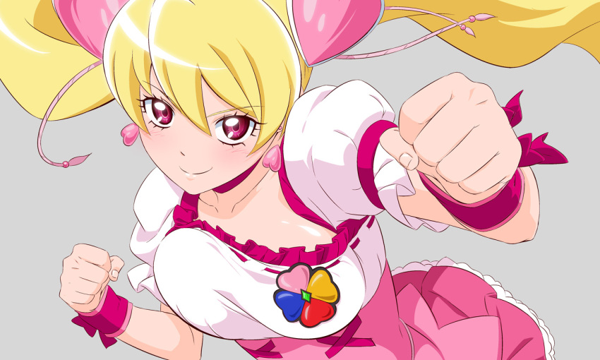1girl blonde_hair bouncing_breasts breasts choker closed_mouth collarbone cure_peach earrings fighting_stance fresh_precure! fuchi_(nightmare) hair_between_eyes hair_ornament heart heart_earrings heart_hair_ornament jewelry large_breasts long_hair looking_at_viewer magical_girl momozono_love pink_choker pink_eyes precure smile solo twintails wrist_cuffs