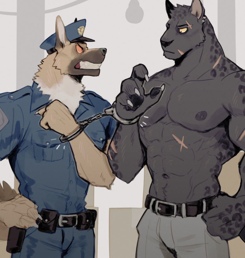 2022 4_fingers absurd_res anthro belt black_body black_fur brown_body brown_fur canid canine canis claws clenched_teeth clothing domestic_dog duo ear_piercing felid finger_claws fingers fur german_shepherd handcuffed handcuffed_together herding_dog hi_res k0bit0wani male mammal markings multicolored_body multicolored_fur muscular muscular_anthro muscular_male nipples orange_eyes pantherine pastoral_dog pawpads piercing police_officer police_uniform ring_(marking) scar tan_body tan_fur teeth uniform white_body white_fur yellow_eyes