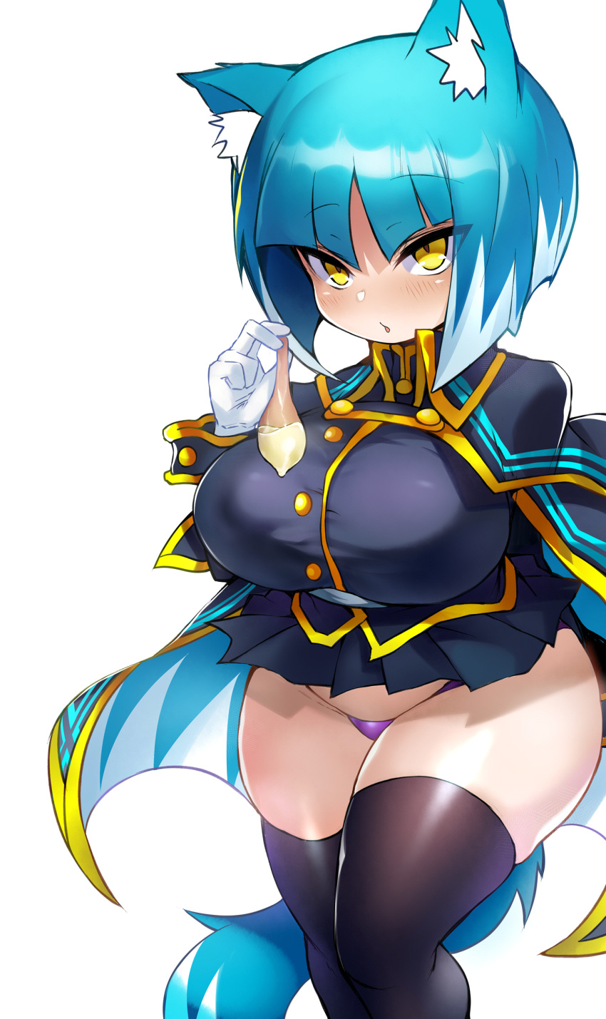 1girl asagi_(bombergirl) ass bad_id bad_twitter_id bangs black_capelet black_jacket blue_hair blush bombergirl breasts capelet condom gloves highres jacket large_breasts long_sleeves looking_at_viewer open_mouth panties shimejinameko short_hair solo thighhighs thighs underwear used_condom white_gloves wolf_girl yellow_eyes