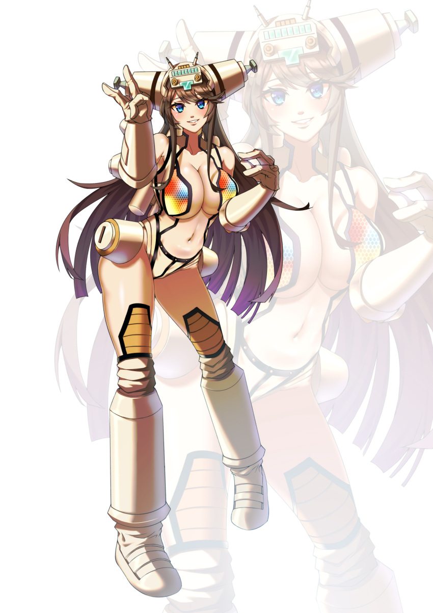 1girl absurdres bangs blue_eyes blush breasts brown_gloves brown_hair cleavage collarbone eyebrows_visible_through_hair fewer_digits gloves highres hzdkk6 king_joe large_breasts long_hair mecha_musume midriff navel parted_lips personification smile solo ultra_kaijuu_gijinka_keikaku ultra_series v very_long_hair white_background zoom_layer