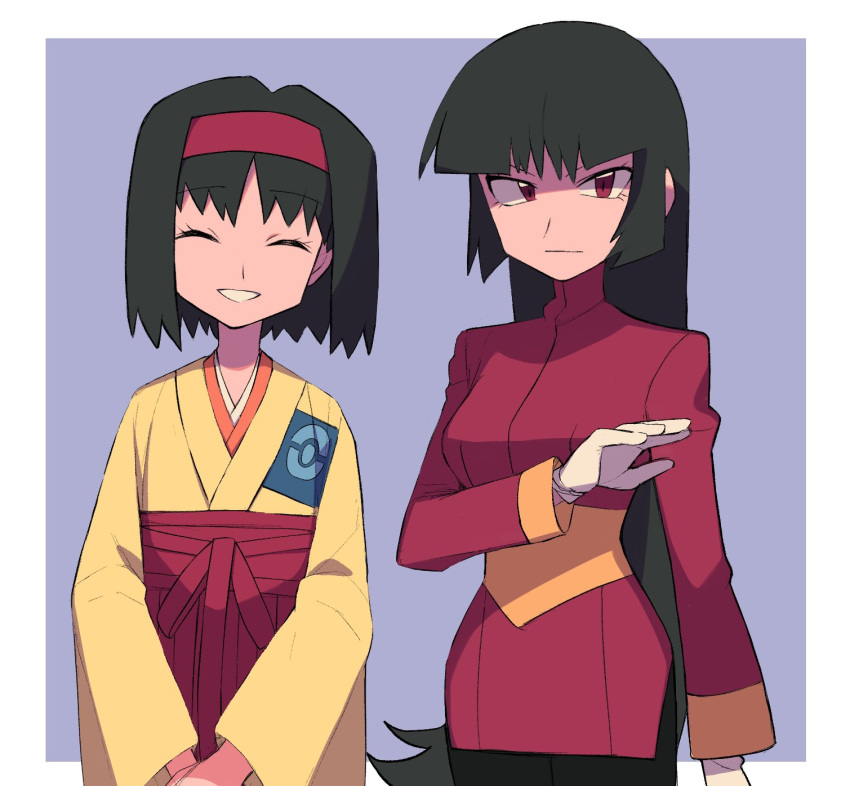 2girls bangs black_hair black_legwear blunt_bangs border breasts closed_eyes closed_mouth commentary_request cropped_jacket erika_(pokemon) eyebrows_visible_through_hair eyelashes facing_viewer gloves grey_background hairband hakama hakama_skirt highres jacket japanese_clothes kimono long_hair long_sleeves looking_at_viewer multiple_girls outside_border pantyhose poke_ball_print pokemon pokemon_(game) pokemon_frlg red_eyes red_hairband red_hakama red_jacket red_skirt sabrina_(pokemon) short_hair side_slit skirt smile turtleneck turtleneck_jacket tyako_089 white_border white_gloves yellow_kimono