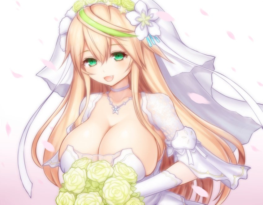 1girl aqua_eyes asamura_hiori blonde_hair bouquet breasts bridal_veil bride cleavage dress elbow_gloves fang flower gene_(pso2) gloves green_hair hair_between_eyes hair_flower hair_ornament holding holding_bouquet huge_breasts looking_at_viewer multicolored_hair phantasy_star phantasy_star_online_2 rose smile solo strapless strapless_dress streaked_hair two-tone_hair veil wedding wedding_dress white_dress white_flower white_gloves white_rose