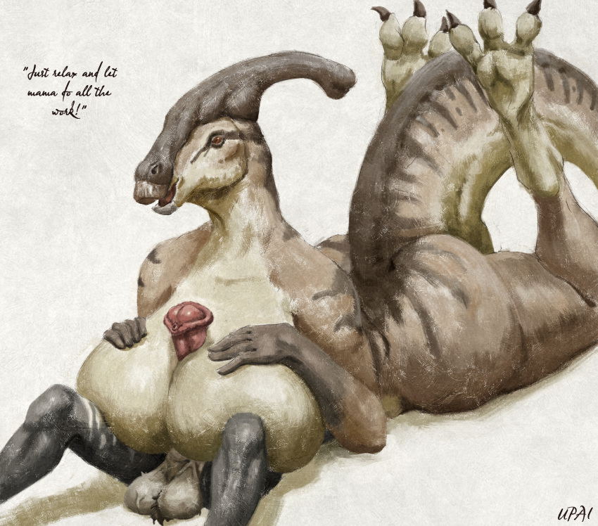 69_position animal_genitalia animal_penis anthro beak big_breasts breast_play breasts dialogue dinosaur duo equine_penis female genitals hadrosaurid hi_res huge_breasts larger_female lying male male/female nude oral ornithischian pangaea_(upai) parasaurolophus penis reptile scalie sex size_difference smaller_male smile smothering titfuck upai