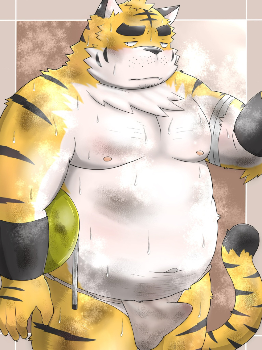 2022 anthro asian_clothing belly big_belly black_nose blush bodily_fluids bulge clothed clothing east_asian_clothing erection erection_under_clothing felid fundoshi hi_res inunodaidokoro japanese_clothing kemono male mammal moobs musk nipples overweight overweight_male pantherine solo sweat tiger underwear white_body white_clothing white_fundoshi white_underwear yellow_body