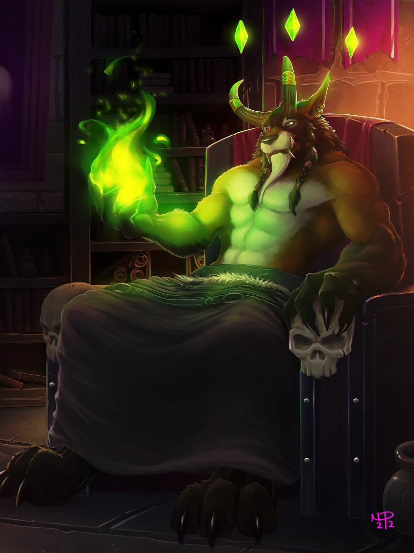 absurd_res anthro black_body black_fur blizzard_entertainment canid canine chair claws clothed clothing colored_fire demon detailed detailed_background detailed_fur ear_piercing elemental_manipulation facial_hair fangs fire fire_manipulation fur furniture goatee green_fire heterochromia hi_res horn huge_filesize hybrid kilt looking_at_viewer magic male mammal maned_wolf muscular muscular_anthro muscular_male np4tch orange_body orange_fur piercing riven_larange sitting solo solo_focus soul_shards throne video_games warcraft were werecanid white_body white_fur worgen