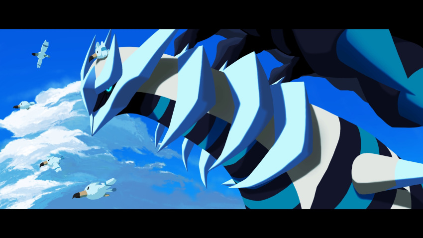 alternate_color bird black_sclera blue_eyes cloud colored_sclera commentary_request day from_side giratina highres letterboxed no_humans outdoors pokemon pokemon_(creature) rolloekaki shiny_pokemon sky spikes wingull