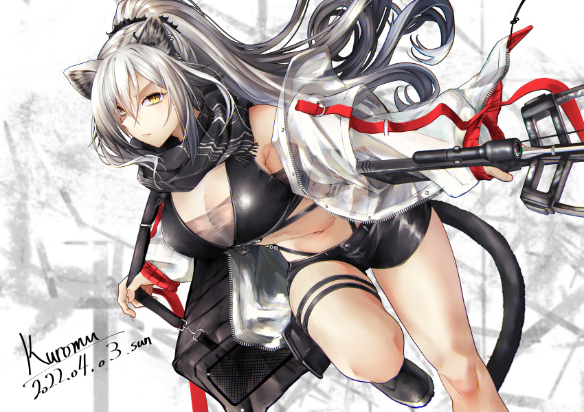 1girl absurdres animal_ears arknights artist_name bag bangs bare_legs bare_shoulders black_footwear black_scarf black_shorts breasts cat_ears cat_tail cleavage commentary crop_top crossbow dated foot_out_of_frame hair_between_eyes highres holding holding_crossbow holding_weapon infection_monitor_(arknights) jacket kuromu large_breasts long_hair long_sleeves looking_at_viewer midriff navel off_shoulder open_clothes open_jacket oripathy_lesion_(arknights) ponytail scarf schwarz_(arknights) shoes short_shorts shorts signature silver_hair solo stomach tail thigh_strap thighs weapon white_background white_jacket yellow_eyes