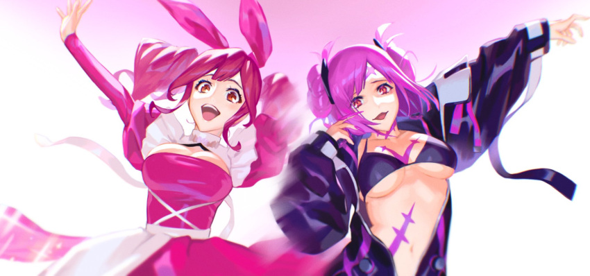 2girls bangs black_bra black_jacket bra breasts brown_eyes brown_hair cleavage cleavage_cutout clothing_cutout double_bun dress highres jacket juliet_sleeves large_breasts long_sleeves looking_at_viewer macross macross_delta macross_delta:_zettai_live!!!!!! makina_nakajima medium_hair mosako multiple_girls open_mouth pink_dress pink_hair puffy_sleeves purple_background short_hair smile twintails underwear yami_makina