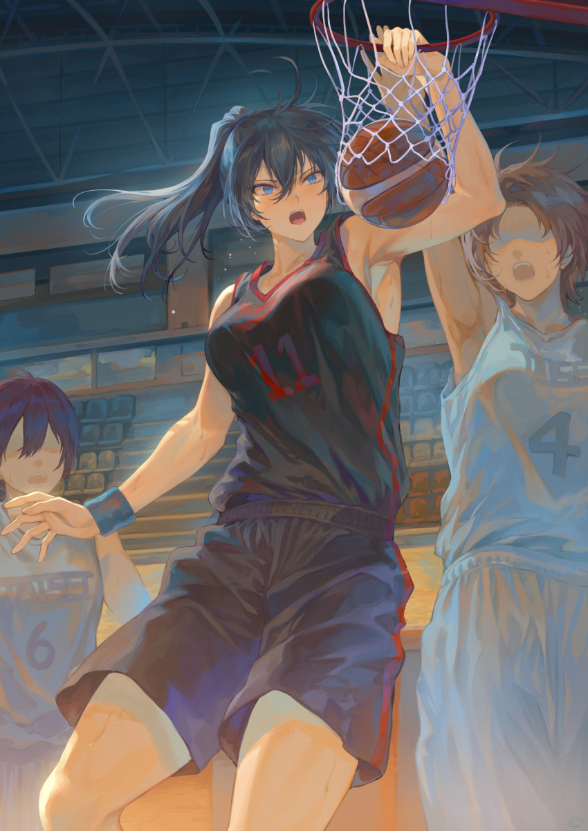 3girls arm_up armpits basketball basketball_court basketball_hoop basketball_jersey basketball_uniform black_hair black_shirt black_shorts blue_eyes breasts brown_hair dunk floating_hair flying_sweatdrops gym highres jersey jumping large_breasts long_hair mashuu_(neko_no_oyashiro) multiple_girls net oomikado_aoi open_mouth original playing_sports ponytail shirt shorts solo_focus sportswear sweat wristband