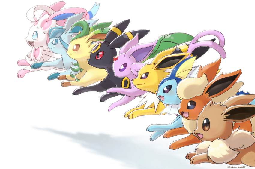 :d closed_mouth commentary_request eevee espeon fang flareon from_side glaceon happy jolteon leafeon nako_(nekono_shippo75) no_humans open_mouth pokemon pokemon_(creature) smile sylveon tongue umbreon vaporeon white_background